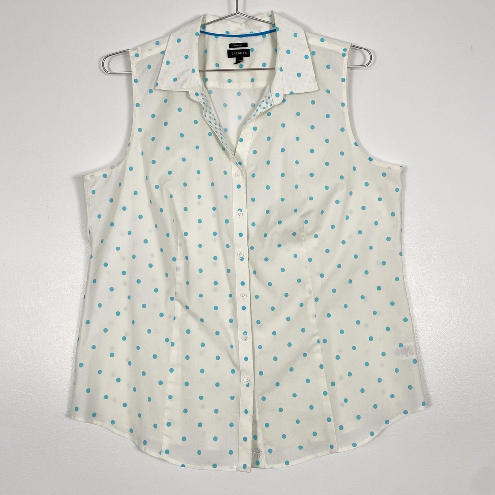 Talbots Shirt Womens 16 White Blue Polka Dot Non Iron Sleeveless Button Top